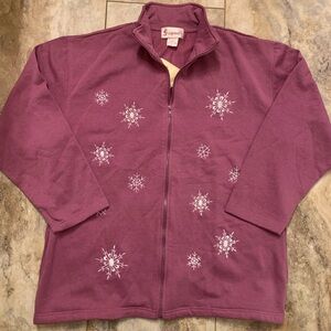 NWT Womens G Casuals Zippered Cardigan With Rmbroidered Snowflakes Size XL